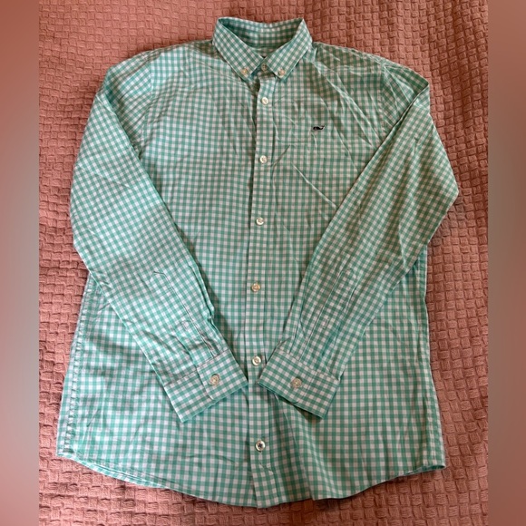 Vineyard Vines Green Gingham Whale Shirt Boy’s Size 16 - Picture 1 of 6